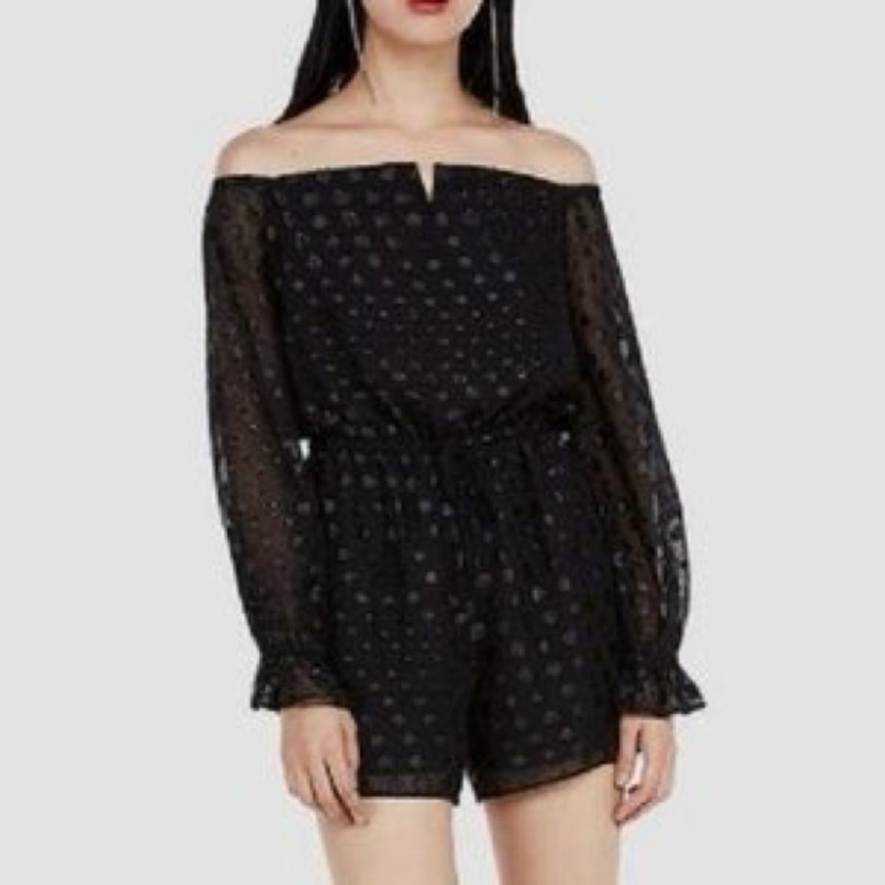 Express Black Clip Dot Romper Size S Sheer Sleeve Dressy